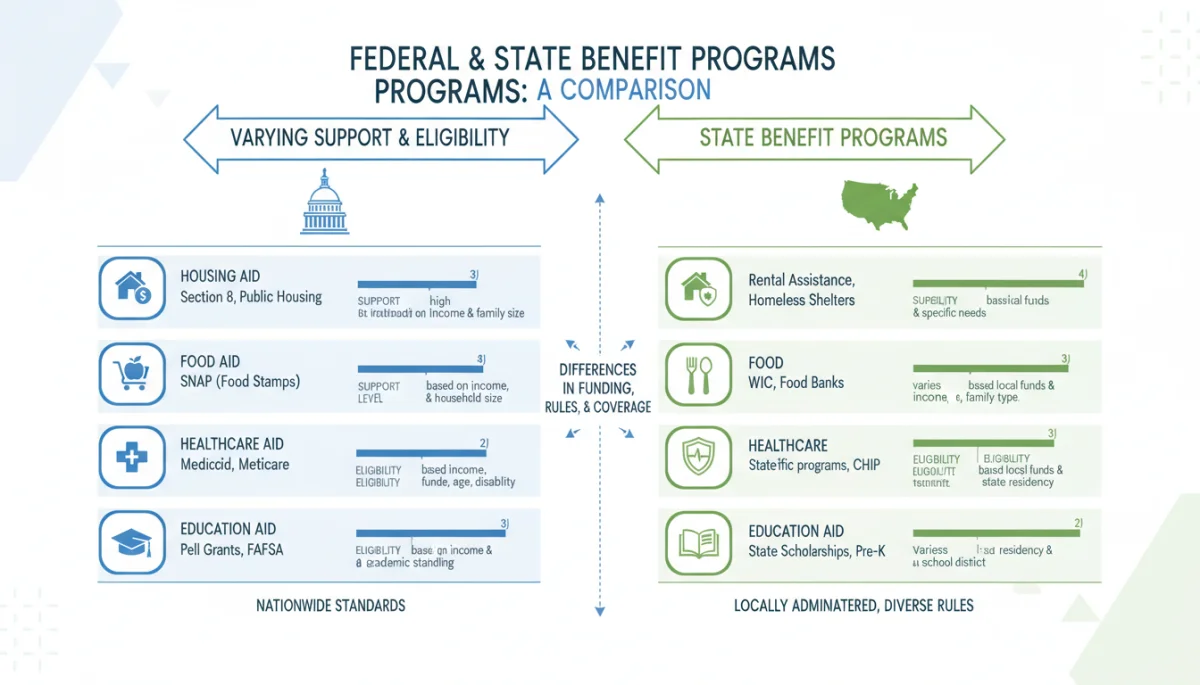 Infographic comparing federal and state benefit program categories