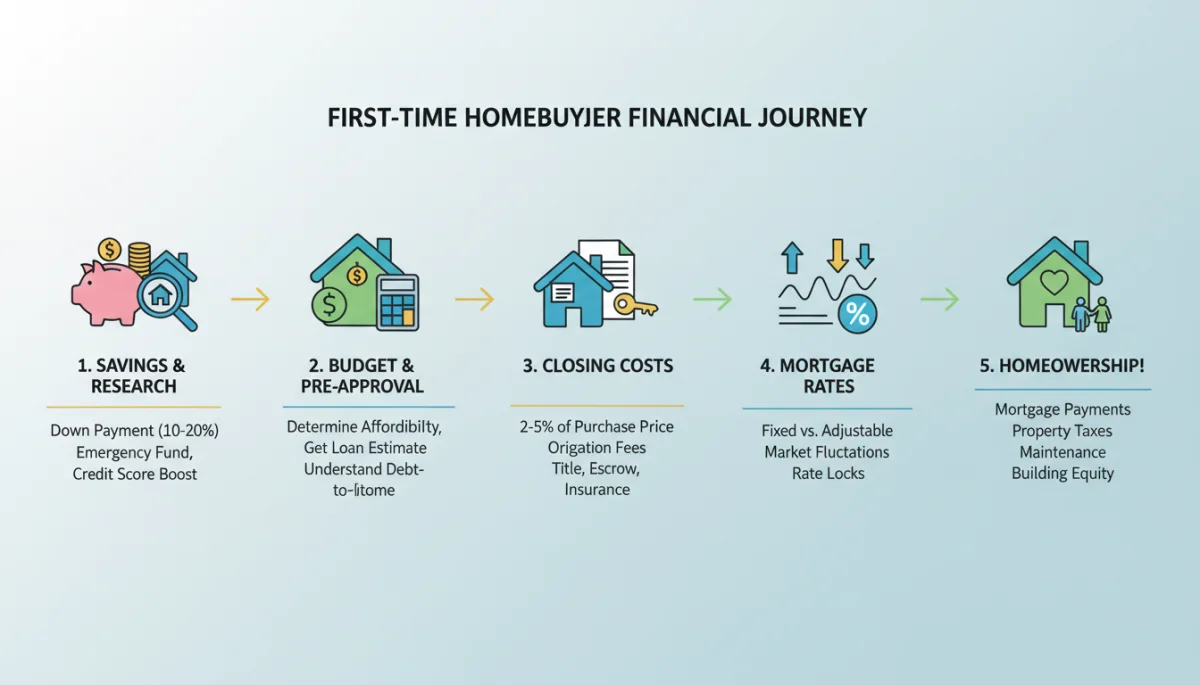 Financial journey of a first-time homebuyer with savings and mortgage rate impact