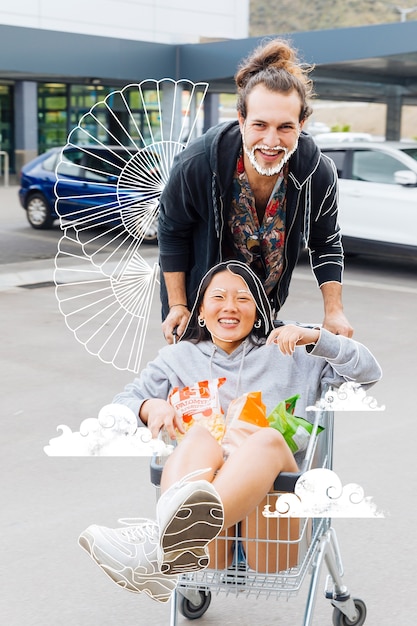 A split image showing a family happily shopping on one side and business professionals analyzing data on the other, representing consumer spending and business investment.