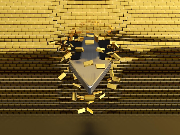 An abstract image depicting a shield in front of a pile of gold coins, symbolizing protection from scams and fraudsters in the context of unclaimed property.