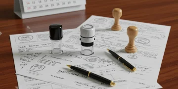 Official immigration documents and a calendar for April 2025, symbolizing new visa processing times.