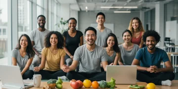 Employees engaged in a diverse range of workplace wellness activities, looking happy and healthy.