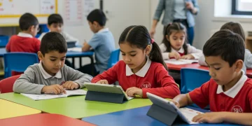 Diverse elementary students learning collaboratively in a modern classroom