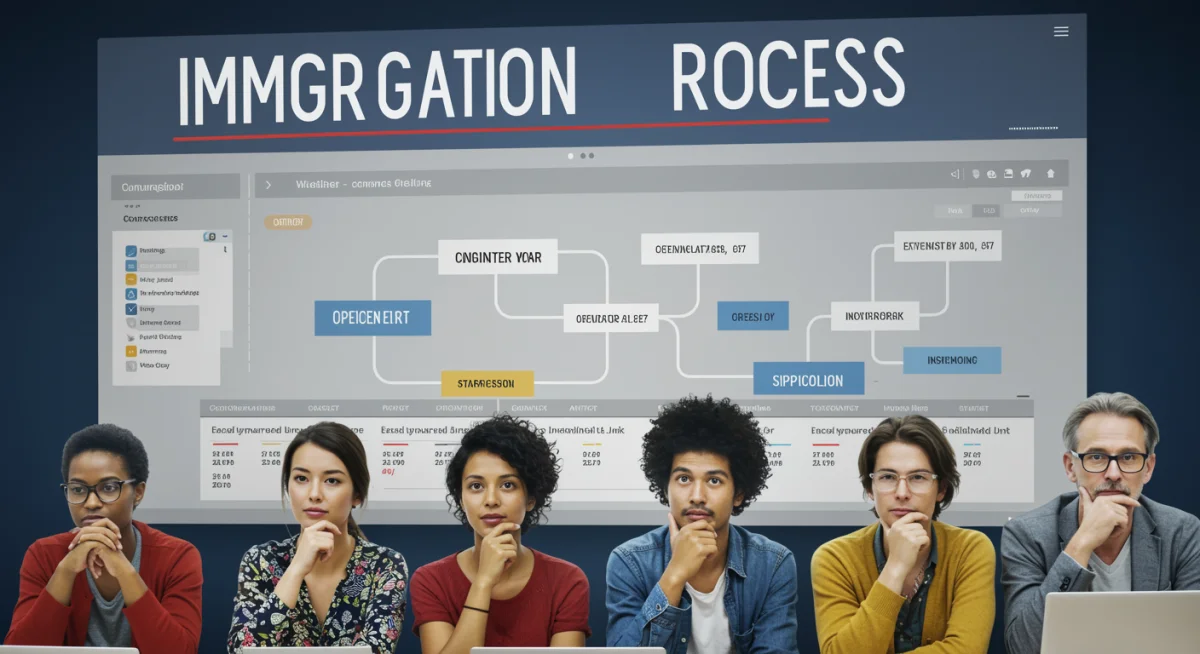 Diverse individuals reviewing visa processing timeline on a digital screen, reflecting immigration changes.