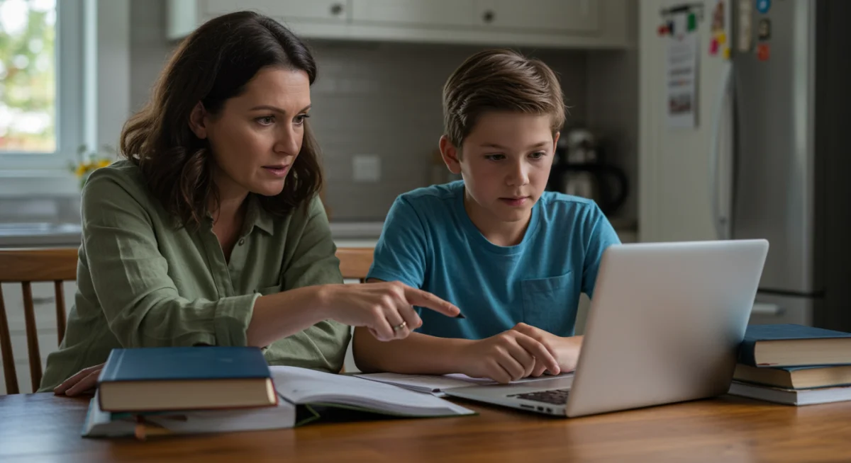 Parent and child reviewing schoolwork on a laptop at home