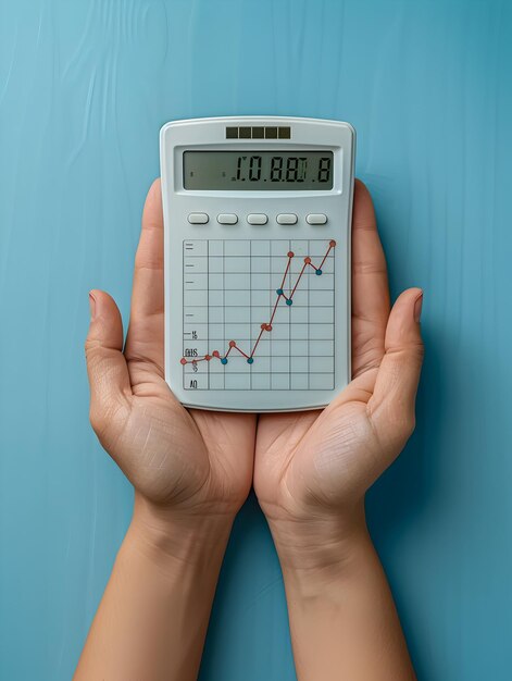 A close-up of a calculator displaying a percentage increase, with a hand pressing the equals button. There are various coins scattered around the calculator, symbolizing financial calculations and monetary gains.