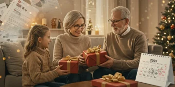 Family exchanging gifts with financial documents in the background, symbolizing strategic wealth transfer and the 2025 gift tax exclusion.