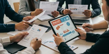 People analyzing 2025 health benefit documents and digital plans