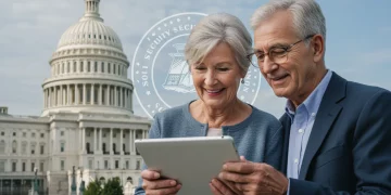 Senior couple reviewing Social Security statement, symbolizing 2025 COLA impact on retirement.