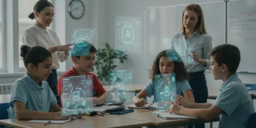 Students and teacher engaging with AI in a modern classroom, symbolizing future K-12 education.