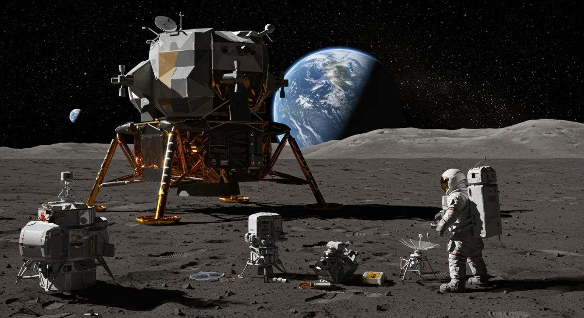 Astronauts conducting research on the moon with advanced lunar lander.