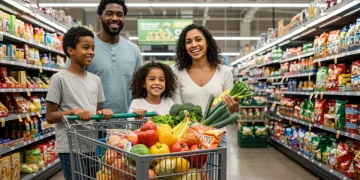 Family grocery shopping with full cart, symbolizing maximized SNAP benefits