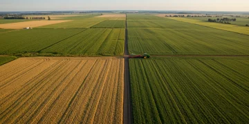 Aerial view of diverse US farmlands with a tractor