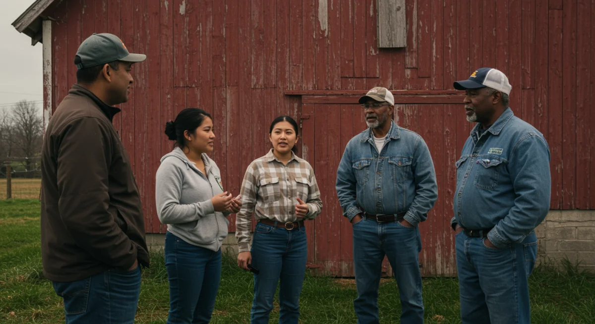 Farmers discussing agricultural policy near a barn