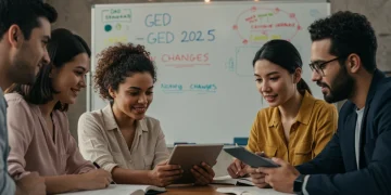 Adults studying together for the 2025 GED test, focused on learning materials