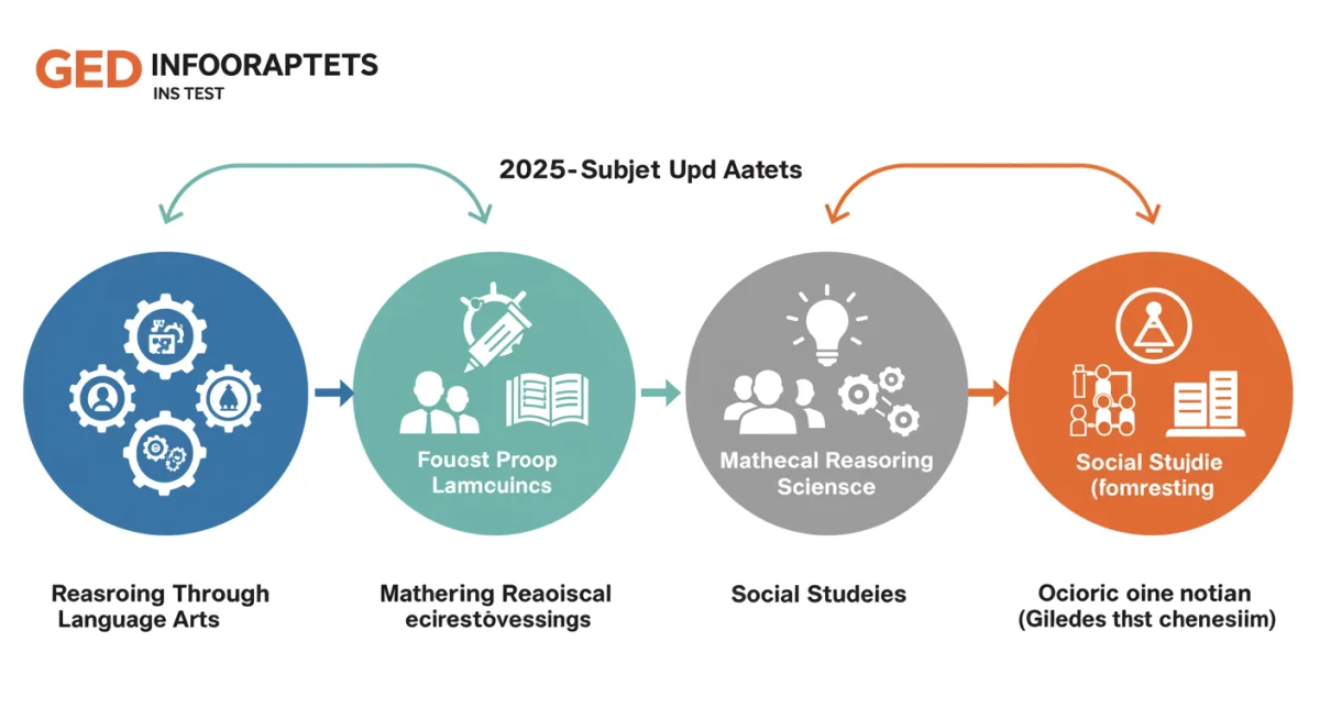 Infographic detailing the four GED test subjects and their 2025 updates