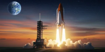 NASA rocket launching towards space, symbolizing future missions and technological progress.