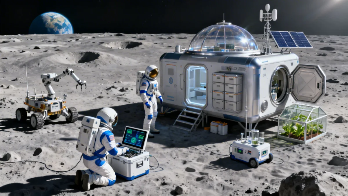 Astronauts on moon performing scientific research near lunar habitat