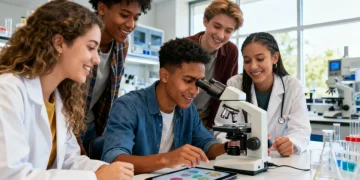 Diverse US students collaborating in a modern STEM laboratory