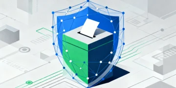 Digital shield protecting a ballot box, symbolizing enhanced election security measures for 2026 midterms.