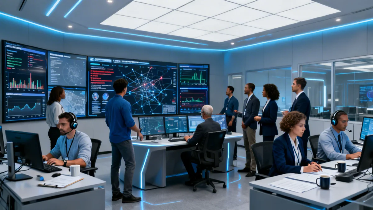 Federal agents collaborating in a high-tech operations center to monitor election security threats.