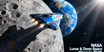 NASA's lunar exploration mission concept art with Earth in background