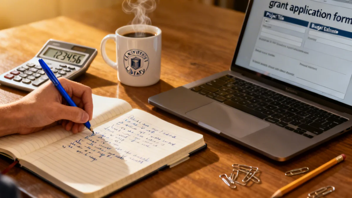 Student diligently preparing a grant application form on a laptop