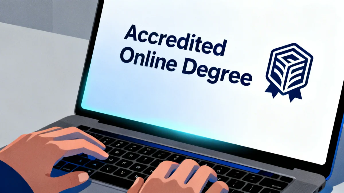 Digital accreditation badge on laptop screen, symbolizing online degree value