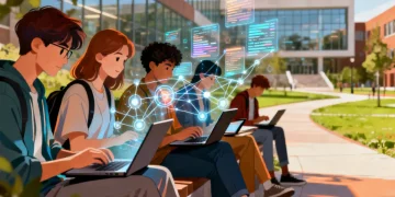 Students learning online with laptops and tablets, modern campus in background