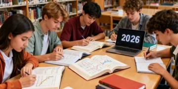High school students preparing for 2026 PSAT/NMSQT in library