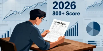 Illustration of credit report review with financial charts and 2026 credit score changes