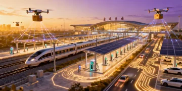 Futuristic transportation hub with high-speed trains and electric vehicles