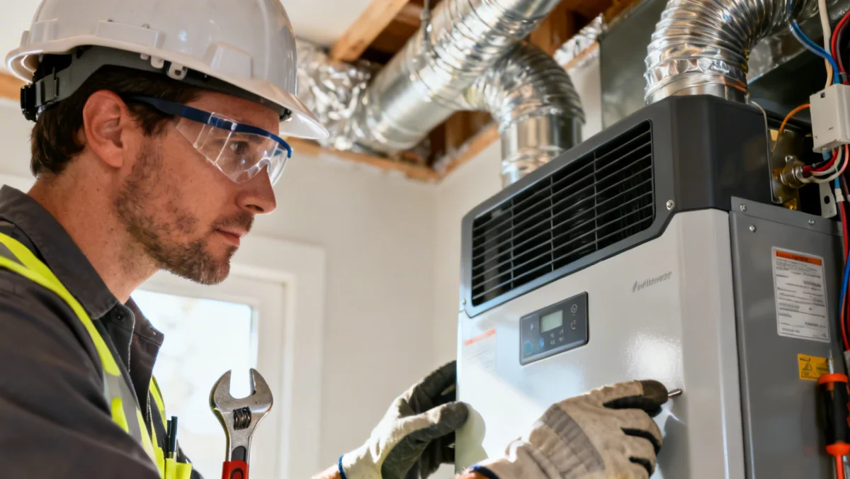 Technician installing new high-efficiency HVAC system