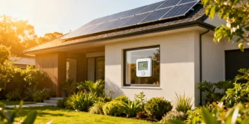 Modern home with solar panels and energy-efficient features