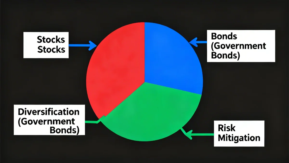 Infographic demonstrating portfolio diversification with government bonds, stocks, and other assets.