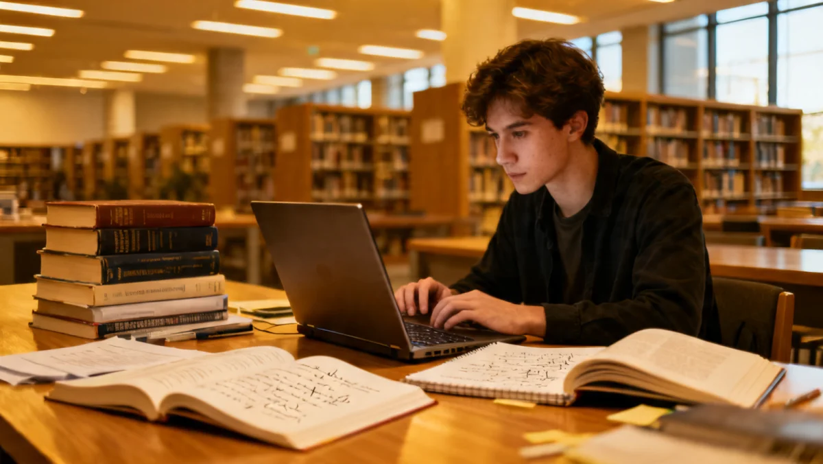 Student studying in a library, symbolizing academic success through tuition-free programs.