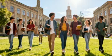 Students walking on a college campus, representing tuition-free education opportunities.
