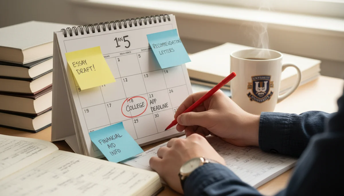 Student highlighting a key deadline on a college application calendar for 2026.