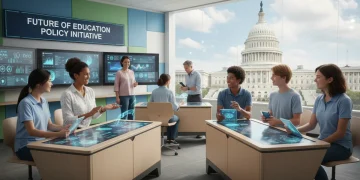 Students and teachers in a modern classroom, symbolizing educational reform