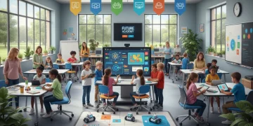 Students and parents using educational technology together in a classroom.