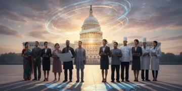 Diverse individuals looking at U.S. Capitol, symbolizing new immigration opportunities