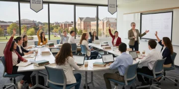 High school students engaging in a college classroom discussion, representing early college programs.