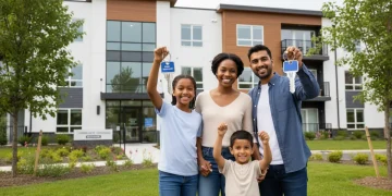 Family receiving keys to new apartment, symbolizing housing stability.