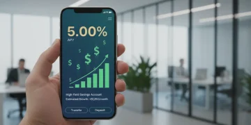 Smartphone showing banking app with high APY percentage and growth charts.