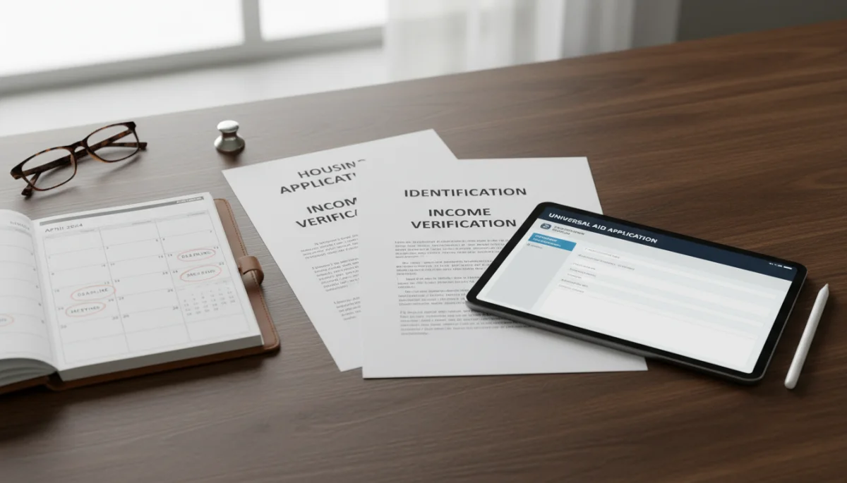 Organized documents and tablet for housing application.