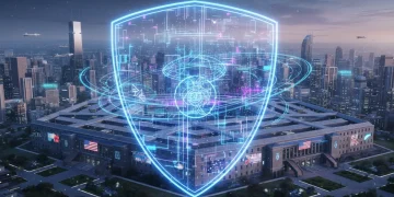 Futuristic digital shield protecting the Pentagon from cyber threats