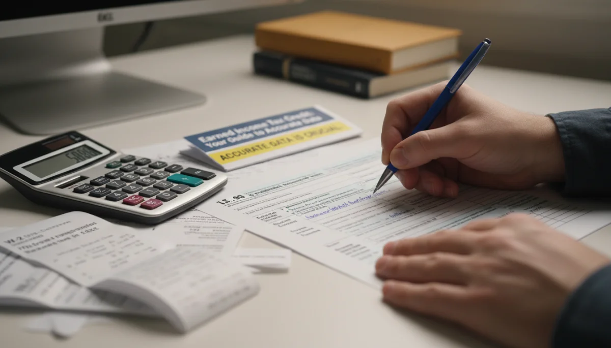 Person meticulously filling out tax forms for EITC