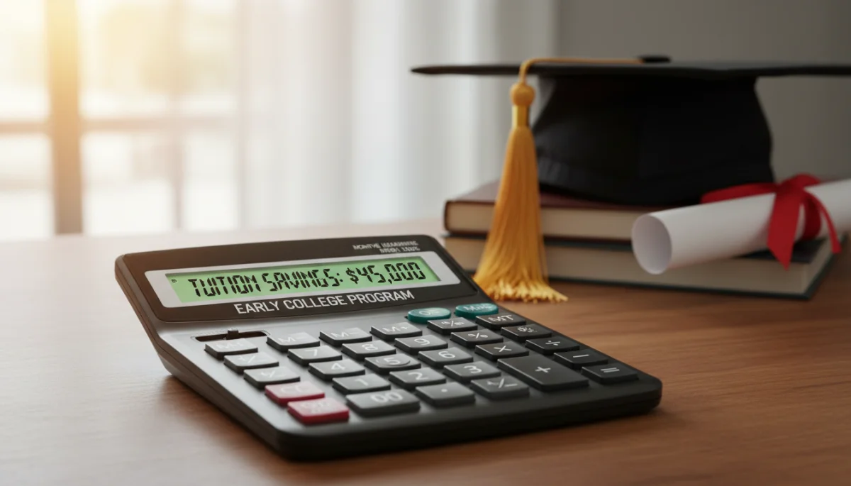 Calculator showing tuition savings for early college students, with graduation symbols.