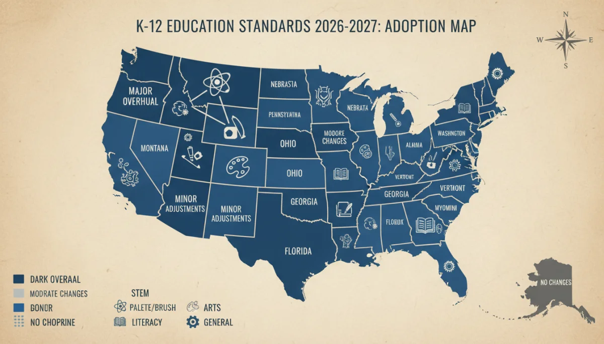 Color-coded map of US states showing varying K-12 education standard changes for 2026-2027