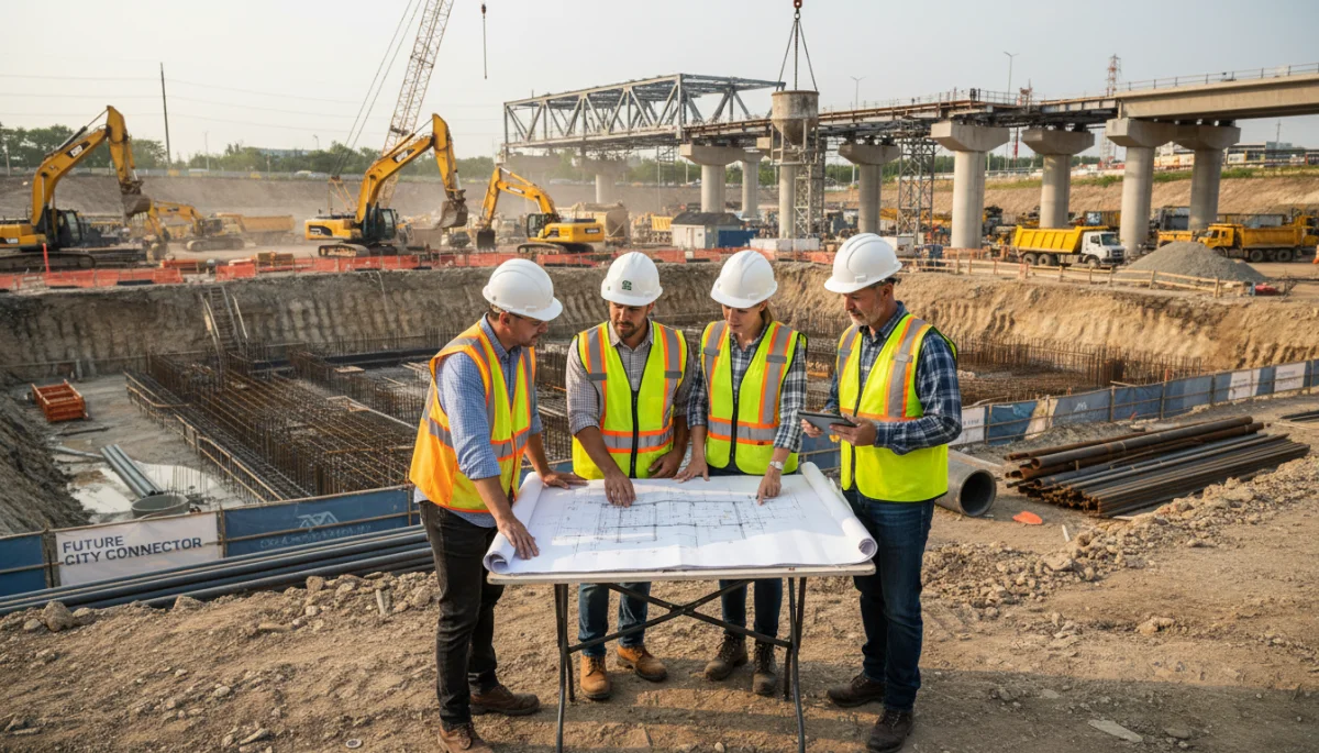 Construction workers reviewing blueprints on a job site